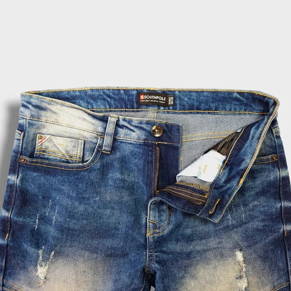 Southpole Skinny Moto Biker Jeans Ribbed Distressed Acid Wash Stretch Blue 30x28